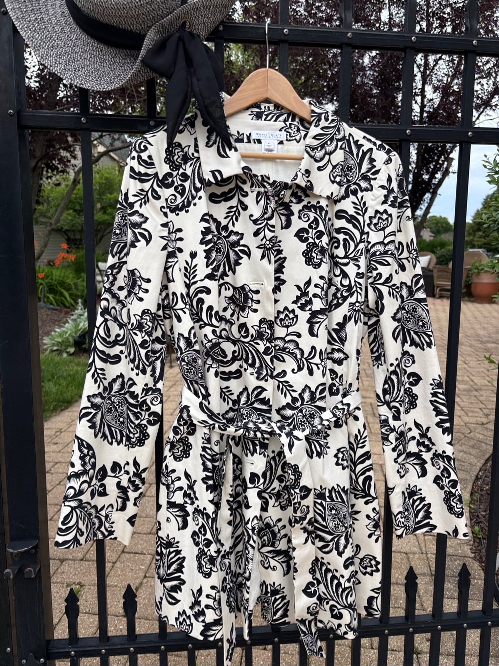 WHBM White Cream Black Floral Midi Trench Cotton Blend Belted Button Jacket XL